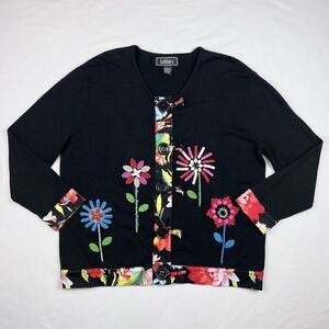 Bobbie C Large Cotton Black Multicolor Floral Embroidered Cardigan Sweater
